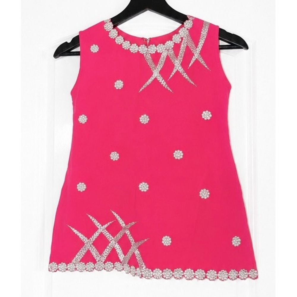 Vintage Brisa Hot Pink Sleeveless Top Silver Metallic Embroidered Floral Size 10